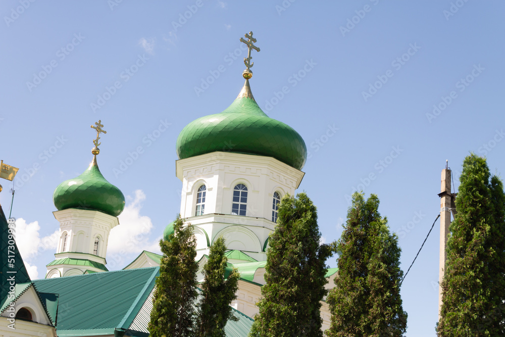 Domes Russian Christian Orthodox Church with domes and a cross against the sky