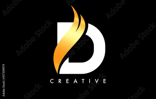 Letter D Logo Icon Design with Golden Swoosh and Creative Curved Cut Shape Vector