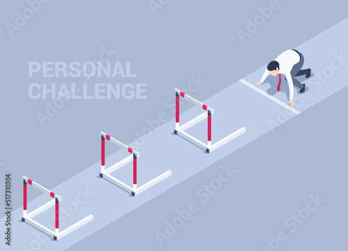 isometric vector illustration on a gray background, a man in business clothes stands in a low start stance on a hurdle track, a personal challenge or a path to success