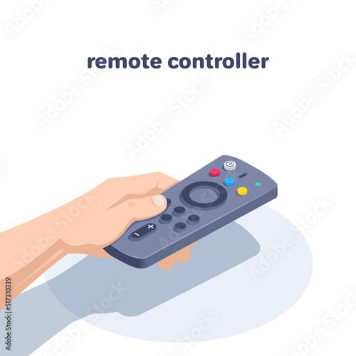 isometric vector illustration on a white background, a man's hand holds a control panel from a television station, remote control or channel switching