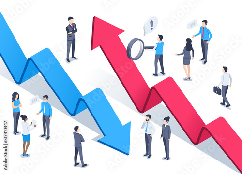 isometric vector illustration on a white background, rising and falling arrows and people in business clothes, teamwork with financial or statistical data