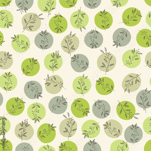 Abstract vector pattern with hand drawn leaves and dots. Floral seamless texture.