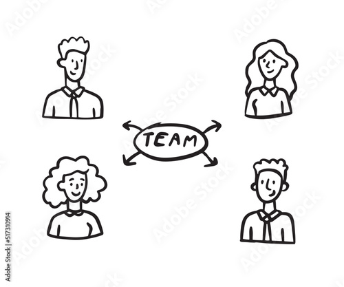 Team office doodle outline. People business portraits sketch drawn.