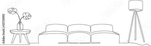 Continuous line interior with sofa, plant and lamp. One line drawing of Living room with modern furniture. Single line furniture. Hand draw contour. Bulb, flower in pot. Editable stroke. Doodle vector