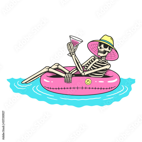 SIPPING ON BOOZE SKELETON FLOATS ON AN INFLATABLE RING COLOR WHITE BACKGROUND