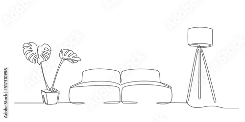 Interior with sofa, plant and lamp in Continuous line style. One line drawing of Living room with modern furniture. Single line furniture. Hand draw Bulb, flower in pot. Editable stroke. Doodle vector