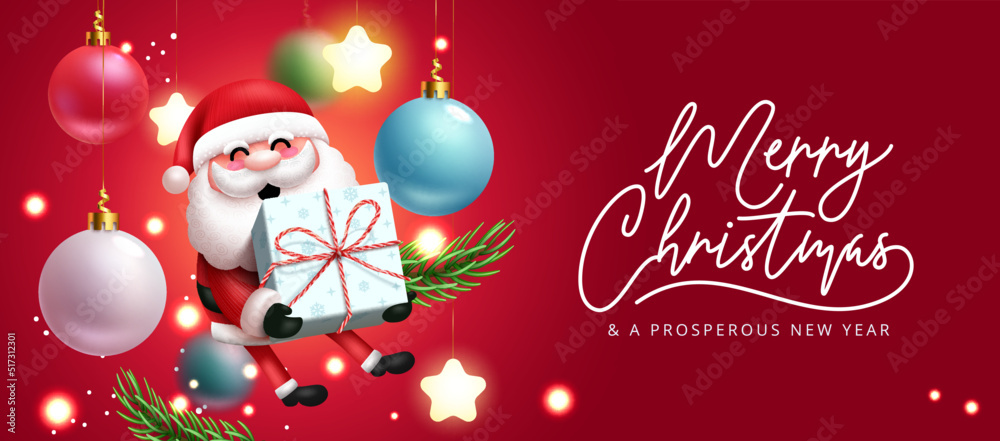 Christmas santa greeting vector design. Merry christmas text in red  background with santa claus character holding gift element for xmas holiday  messages card. Vector illustration. Stock Vector | Adobe Stock