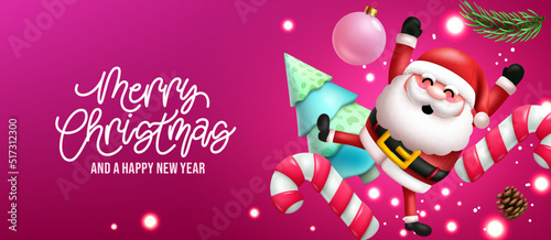 Christmas greeting vector design. Merry christmas text with floating santa claus character, candy cane and fir tree decoration elements for holiday celebration. Vector illustration.
