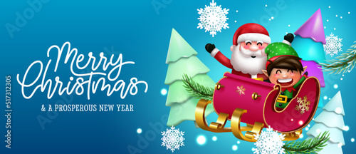 Christmas character greeting vector design. Merry christmas text with happy santa claus and elf characters riding sleigh element for xmas eve celebration. Vector illustration.
