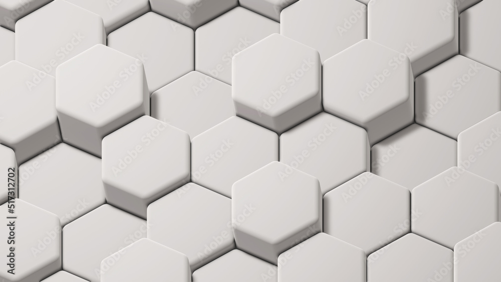 White hexagons geometric background, abstract white grey shapes stacks, 3D render technology illustration. White hexagons geometric background, abstract white grey shapes stacks, 3D render technology illustration.