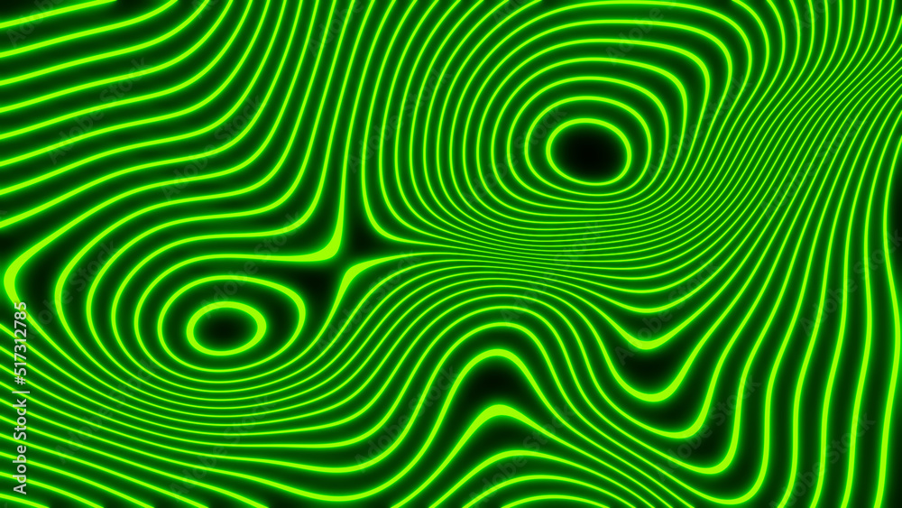 Abstract neon glowing background, 3D green fantasy lines on black striped modern technology and science design, 3D render illustration.