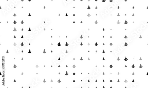 Seamless background pattern of evenly spaced black yoga symbols of different sizes and opacity. Vector illustration on white background