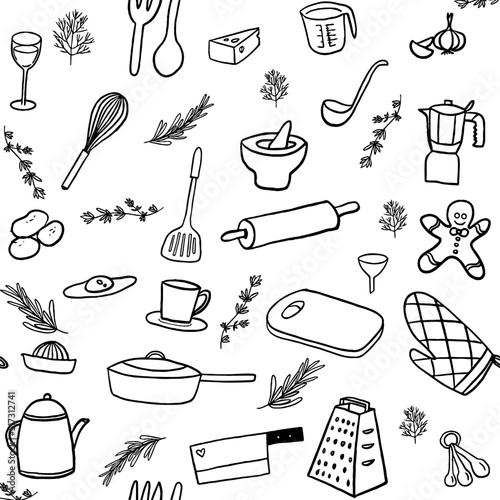seamless pattern with utensils in black and white 