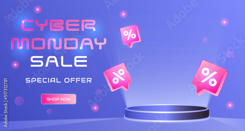 Cyber monday, 3d sale banner, mega sale special offer, stage podium percent, vector illustration, cyberspace