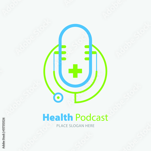 Medical podcast vector logo template. This design use stethoscope symbol. Suitable for health care news