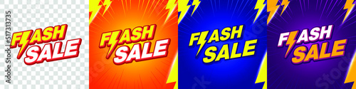 Flash Sale banner template design on transparent, orange, blue, purple background