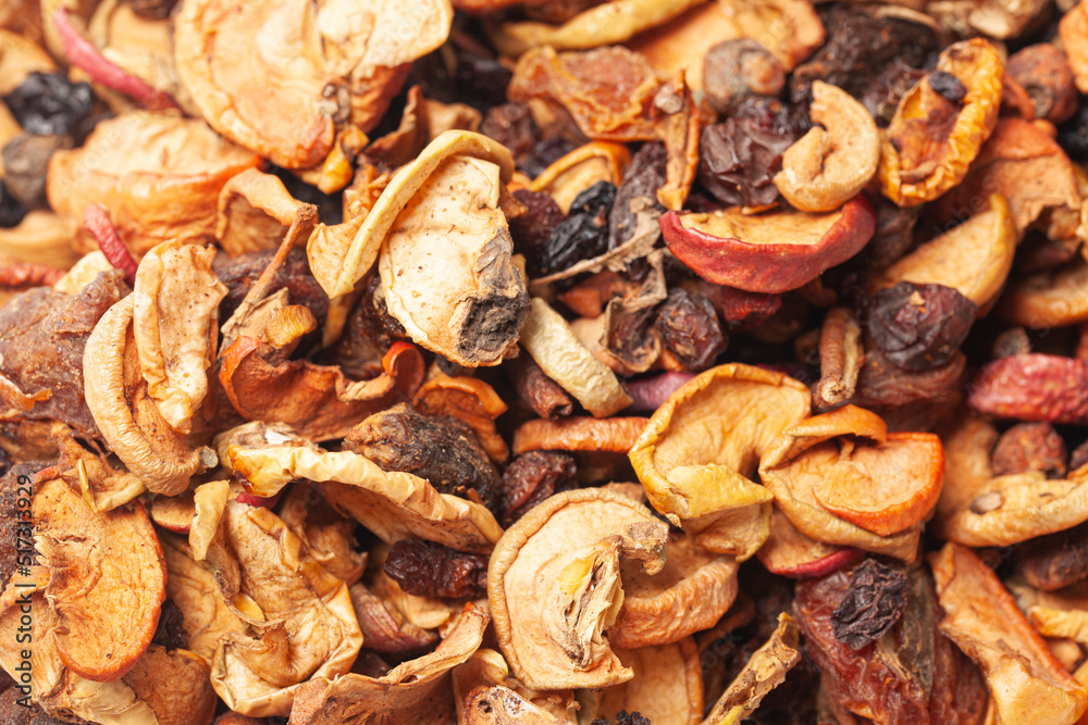 Dried fruits, apples, pears, apricots, plums,grapes,raisins, background top view.