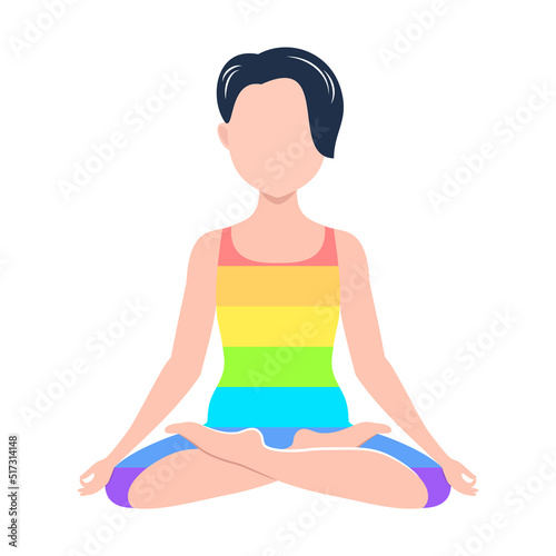 A girl in a rainbow suit is doing yoga.