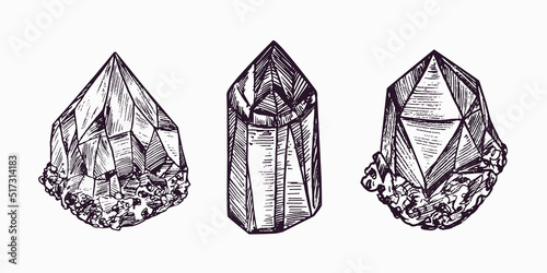 Beautiful crystals collection, simple doodle ink drawing, gravure style