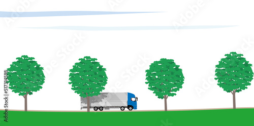 街路樹のある道路を走るウイングトラックのイラスト