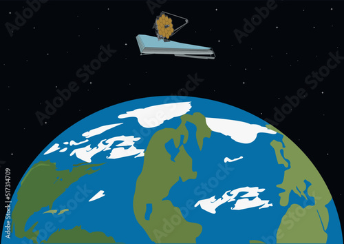 James Webb telescope in space orbiting the earth vector illustration | telescope with golden, hexagonal mirrors in outer space 