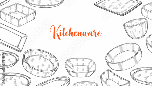 Kitchenware set collection with hand drawn sketch for background banner template poster