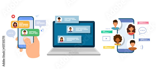 Chatting and messaging. Remote communication. Internet forum. Chat messages on laptop and smartphone. Set of vector illustrations.