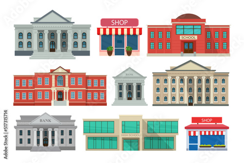 Fototapeta Naklejka Na Ścianę i Meble -  Set of buildings icons. Front view of bank, shop, school, court house, university or governmental institution. Vector illustratio of exterior facade building isolated on white background.