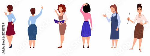 Set of Women shows and tells. Teacher with a pointer and a book in his hand. View from the back. Flat character vector illustration