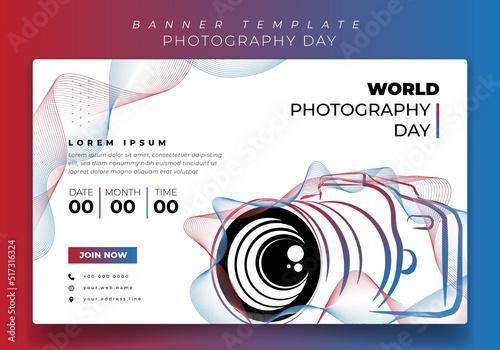 Banner template in white background with illustration of camera in red blue line art design