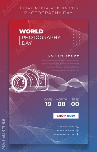 Banner template in portrait design with red and blue background for photography day design