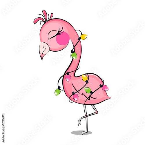 Cute pink flamingo with christmas garland. Vector illustration.