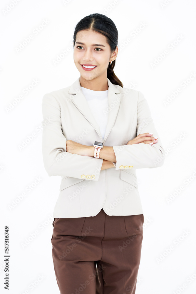 Studio isolated cutout shot of Millennial Asian happy cheerful smart beautiful professional successful businesswoman ceo entrepreneur in formal suit standing smiling crossed arms on white background Studio isolated cutout shot of Millennial Asian happy cheerful smart beautiful professional successful businesswoman ceo entrepreneur in formal suit standing smiling crossed arms on white background