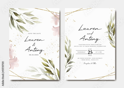 Elegant wedding invitation template with leaves 
