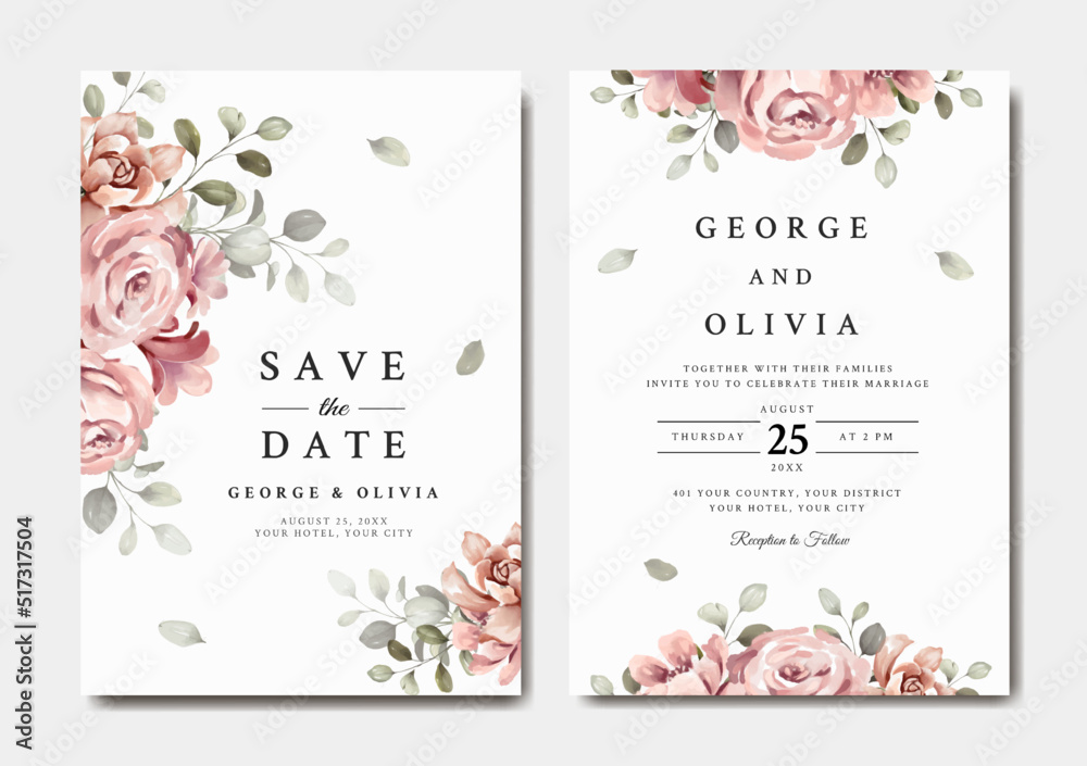 Wedding invitation template with pink and red floral