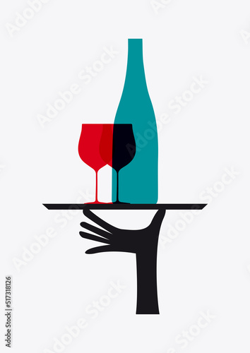 Wine restaurant menu design. Hand of a waiter or sommelier with wine glasses and bottles. Background for wine list. Vector illustration