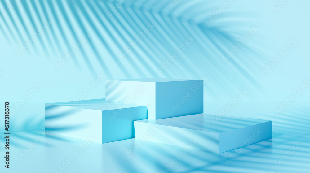 3d rendering of light blue winners podium and background with palm leaf shades for presentation with copy space 3d rendering of light blue winners podium and background with palm leaf shades for presentation with copy space