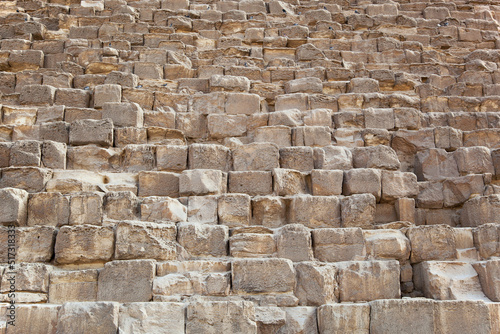 Detail of the stone work of an ancient Egyptian pyramid in Giza, Cairo, Egypt. 