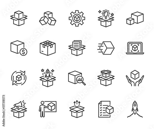 Vector set of abstract product line icons. Contains icons product release, module, presentation, product development, packaging, cost, product launch and more. Pixel perfect.