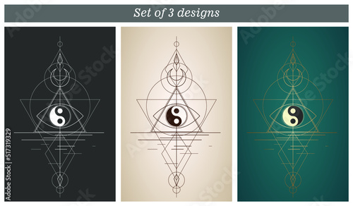 A set of 3 prints for logos, postcards, covers. The Yin Yang sign. Sacred geometry. Energy circle, boho style. Vector.