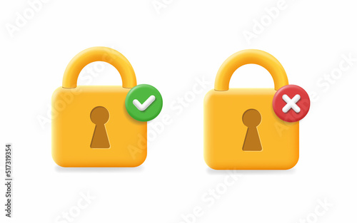 Padlock with checkmark icon. Opened and closed padlock. Locked and unlocked lock. Protection and security Vector illustration