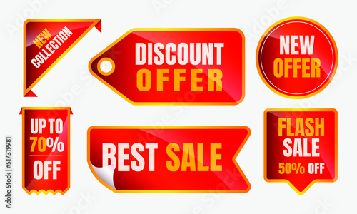 New collection, discount offer, new offer, up to 70% off, best sale, flash sale, Red ribbons, tags and stickers. Vector illustration.