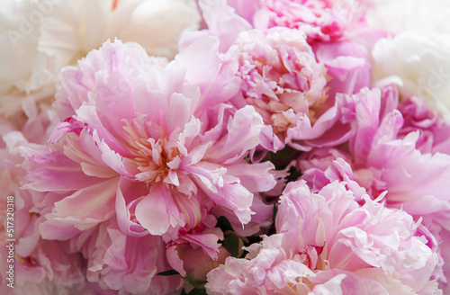 Bouquet of a lot of peonies of pink color close up