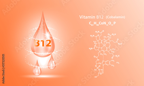 Icon structure vitamin B12 drop water collagen orange. 3D Realistic Vector. Medical and scientific concepts. Beauty treatment nutrition skin care design. Solution complex with Chemical formula nature.