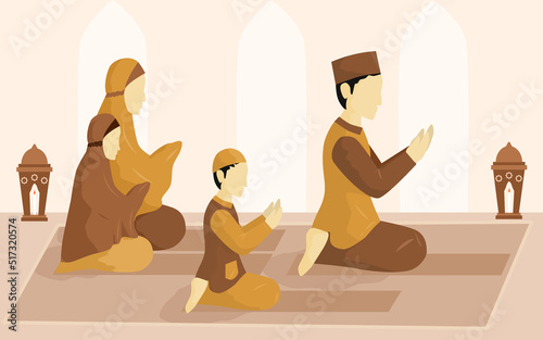 islamic illustration of family praying together