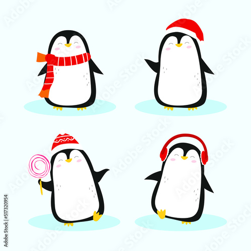 Penguins characters in various illustrations vector