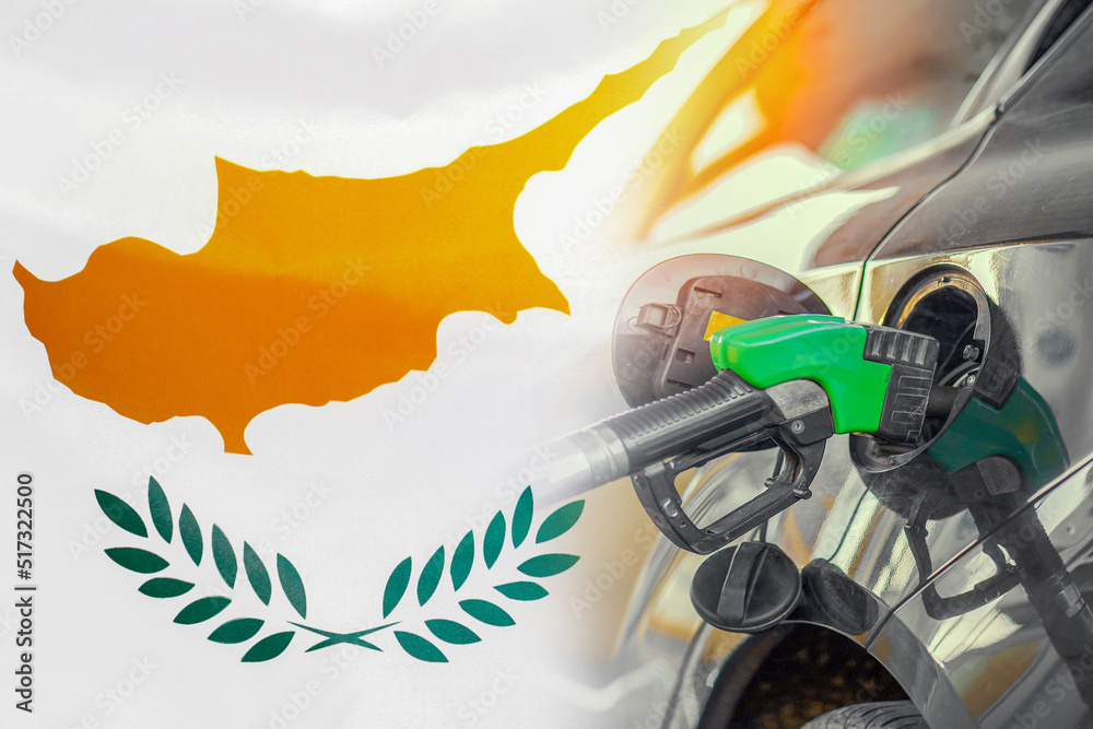 Car with a fuel injector on Cyprus flag background. Record prices fuel ...