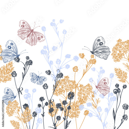 Hand drawn vector illustration with butterflies and plants