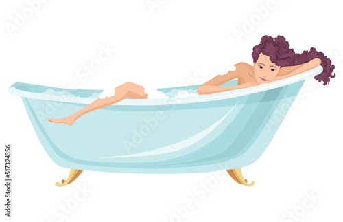 Woman taking bath. Young cute girl enjoying free time at bathroom. Female cartoon character is relaxing