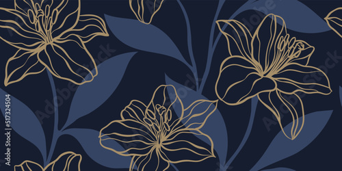 Seamless pattern of creative minimalist hand draw illustrations floral outline lily and shape leaves on dark blue background. Horizontal wall decoration, banner or vintage brochure cover design
